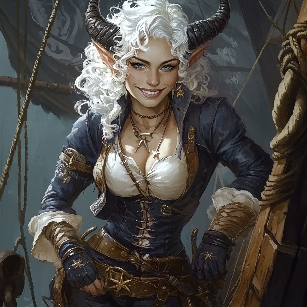 Smiling devil pirate girl on ship deck.