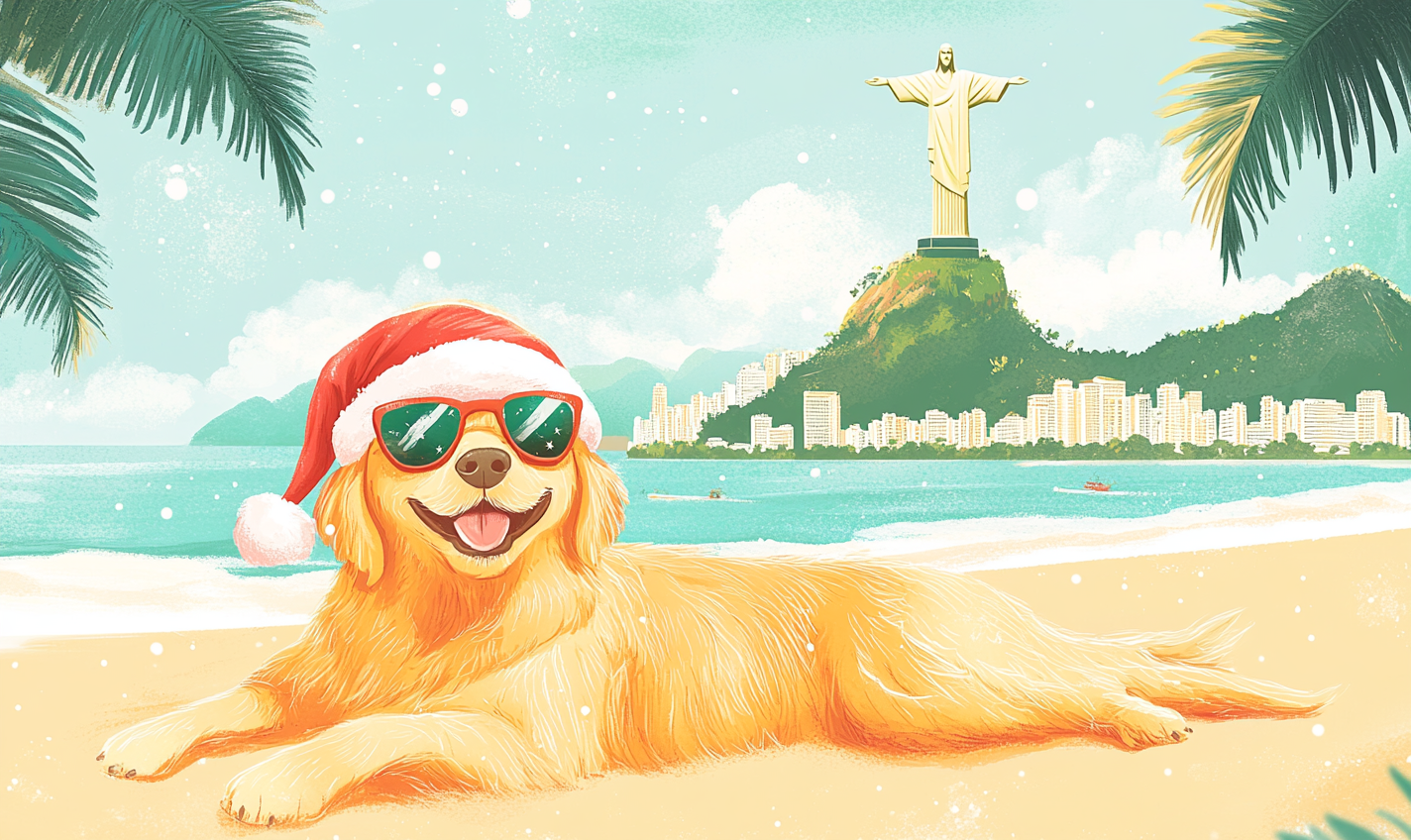 Smiling dog in sunglasses and Santa hat on beach.