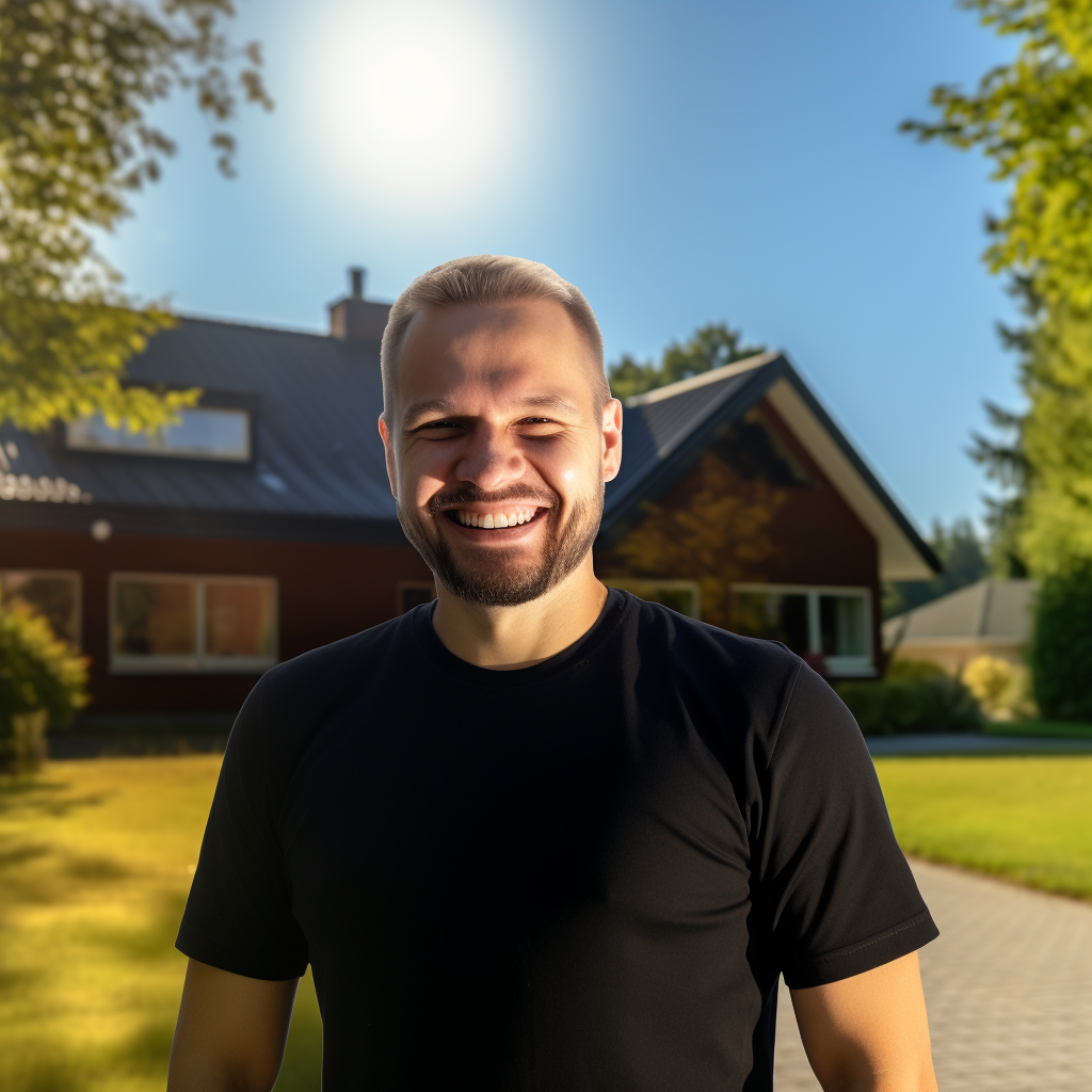 Smiling engineer at house in sunny weather caricature