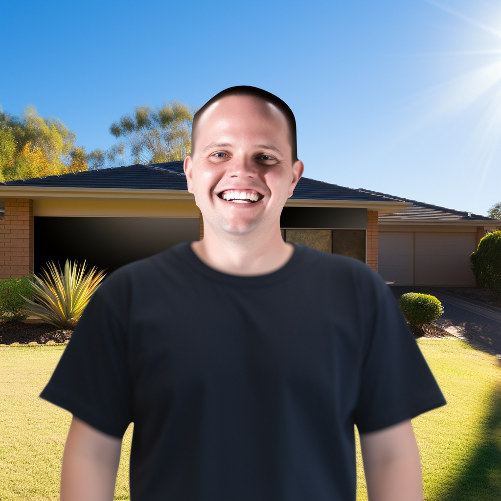 Smiling engineer in black shirt at sunny house