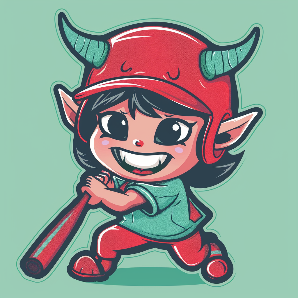 Smiling female devil in baseball outfit with bat, sticker.