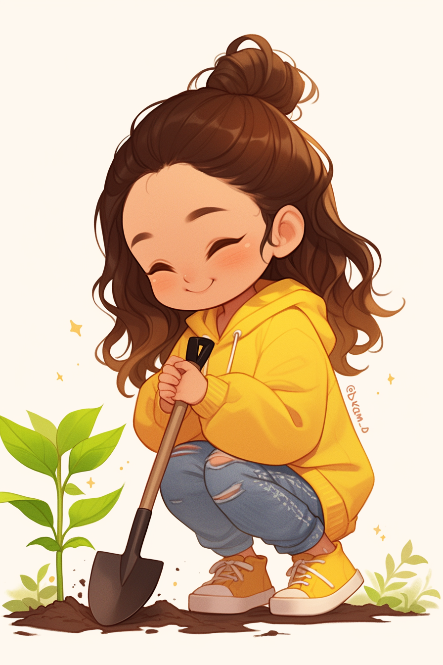 Smiling girl gardening in cute chibi style art