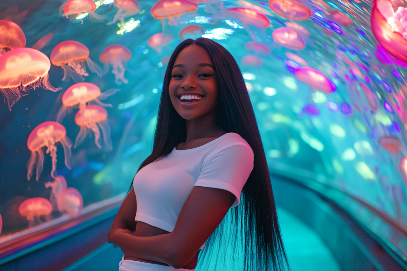 Smiling girl in tunnel with jellyfish at Aquarium.