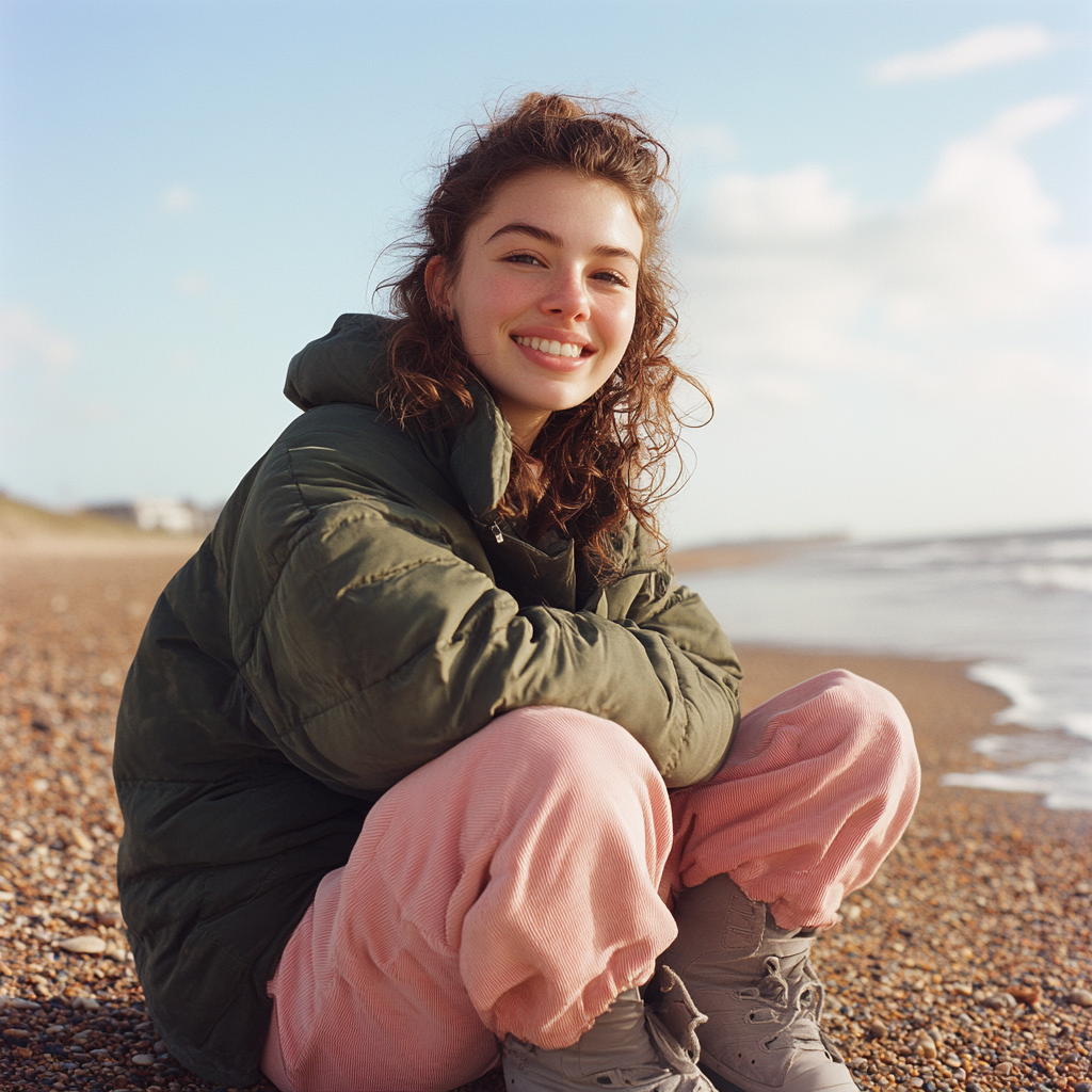 Smiling girl on British beach in autumn