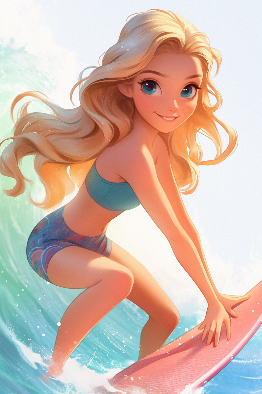 Smiling girl surfing on big waves in kawaii style