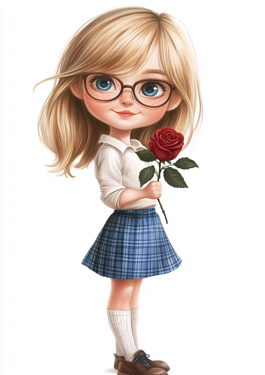 Smiling girl with glasses holding rose happily.