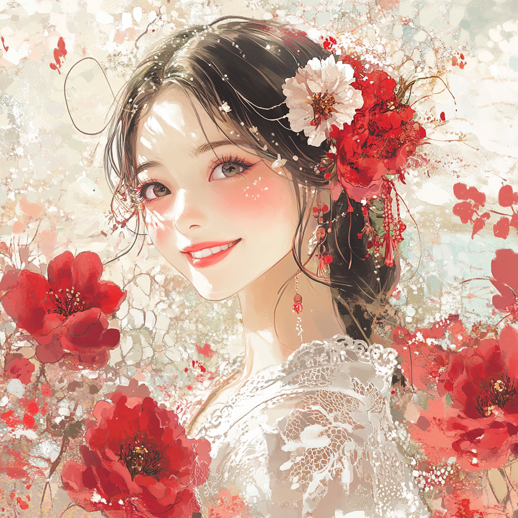 Smiling girl with long red flower hair accessory, lace dress.