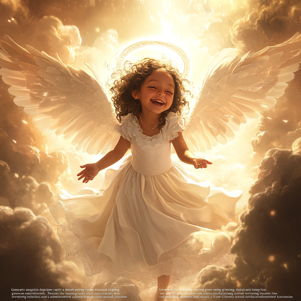 Smiling girl with radiant wings and glowing halo, serene.