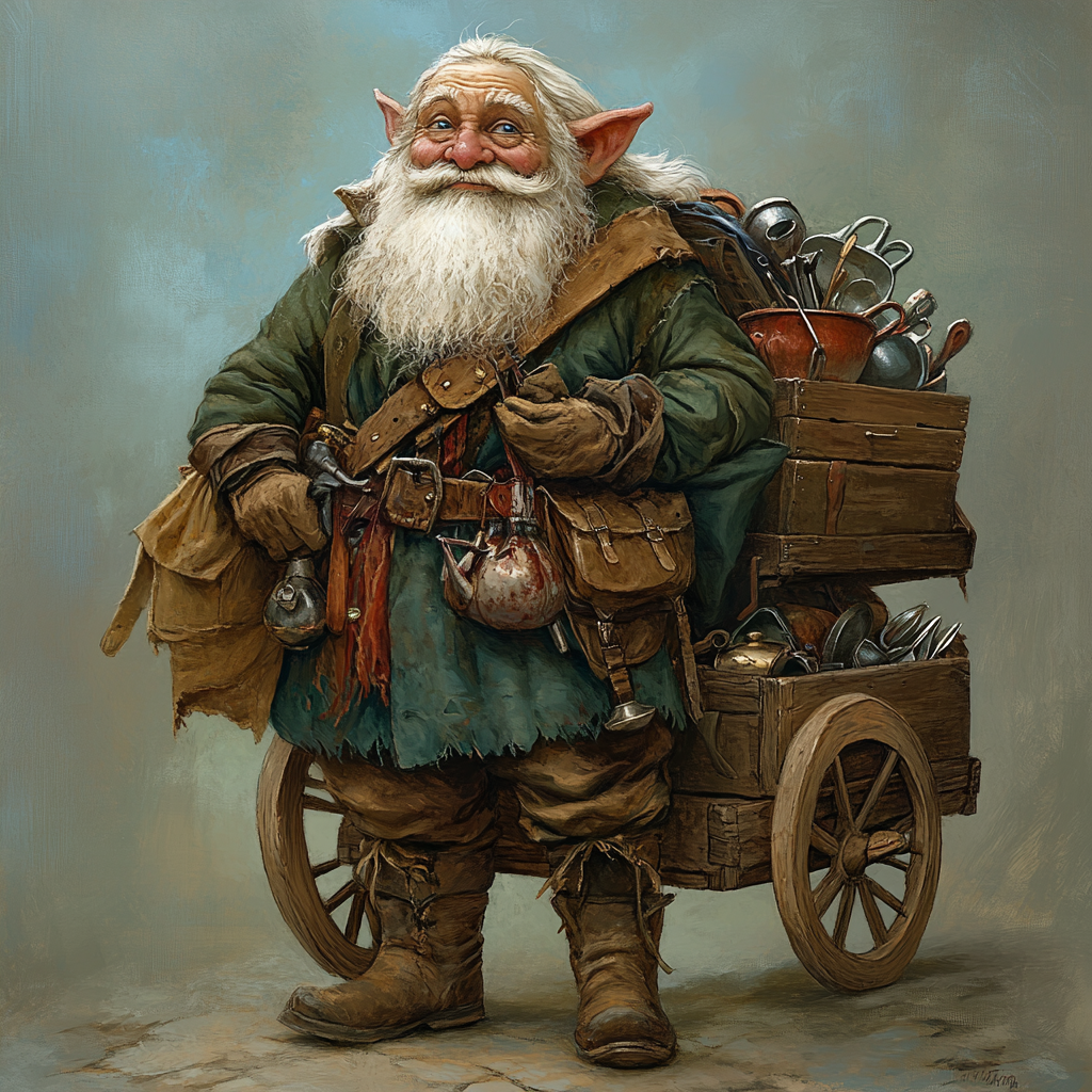 Smiling gnome Finnigan with white beard sells household items.