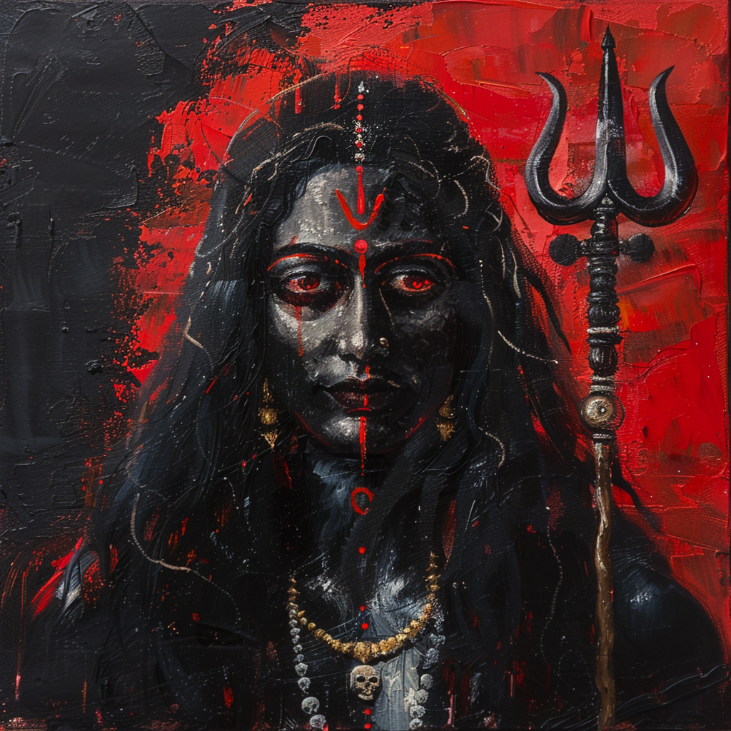 Smiling goddess Kali with trident and skull saree portrait.