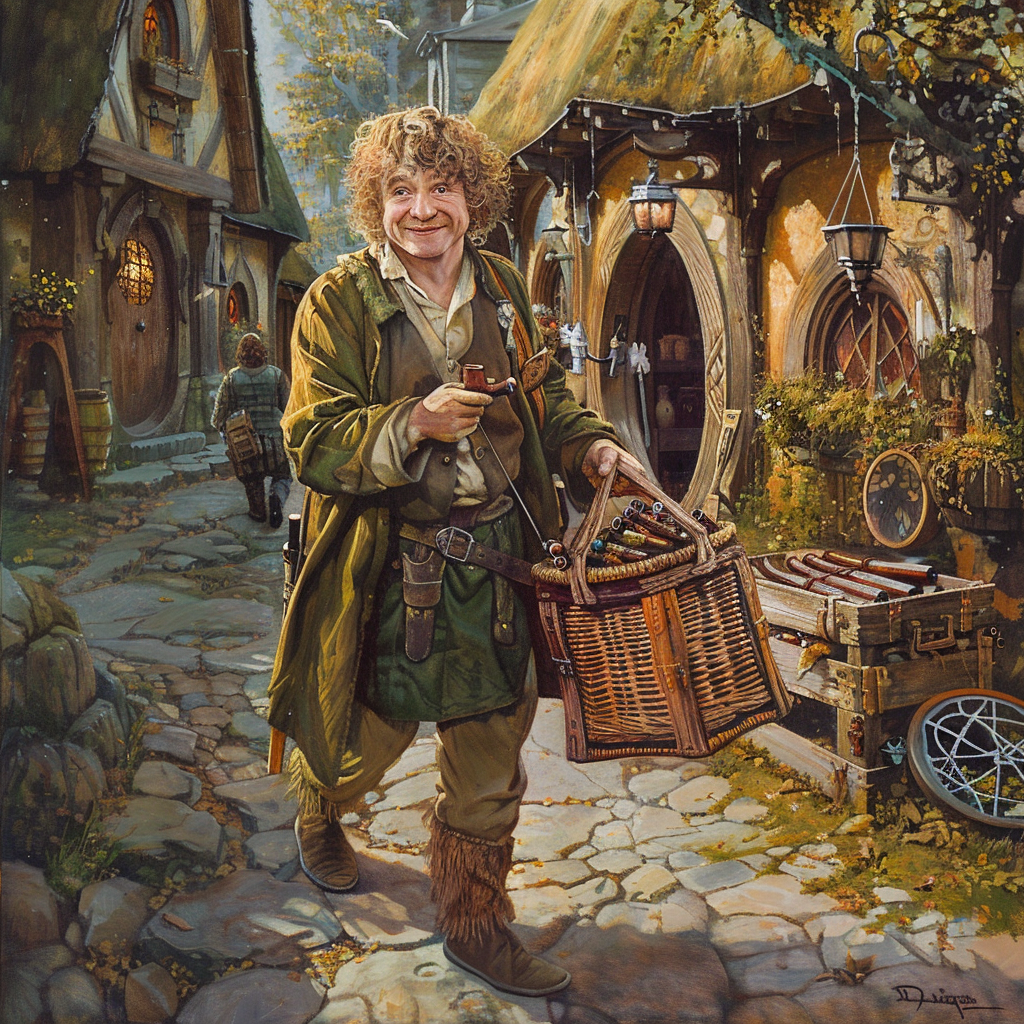 Smiling hobbit with pipe and crate of pipes in Hobbiton.