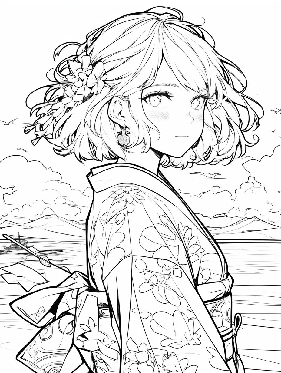 Smiling kimono girl coloring book by the sea.