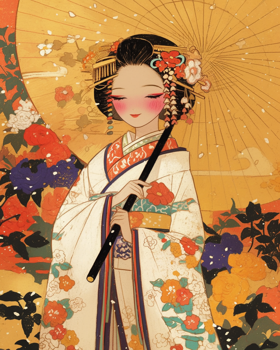 Smiling lady in kimono with parasol in garden.