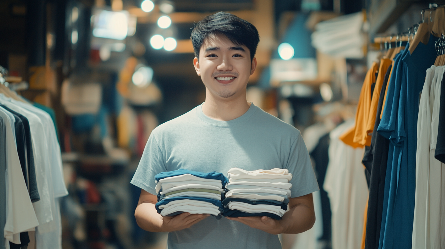 Smiling man holds many shirts in store.