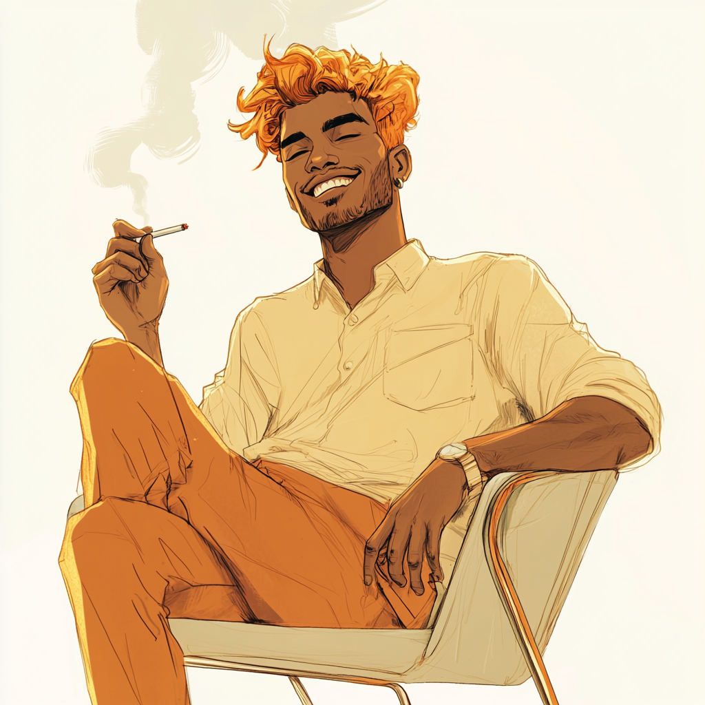 Smiling man in chair with cigarettes, orange hair.