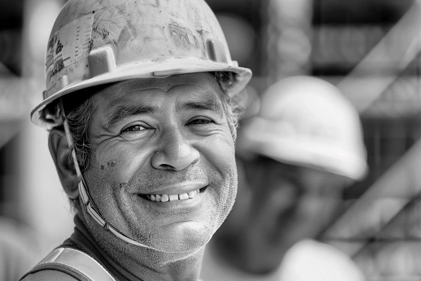 Smiling man in hard hat at construction site portrait.