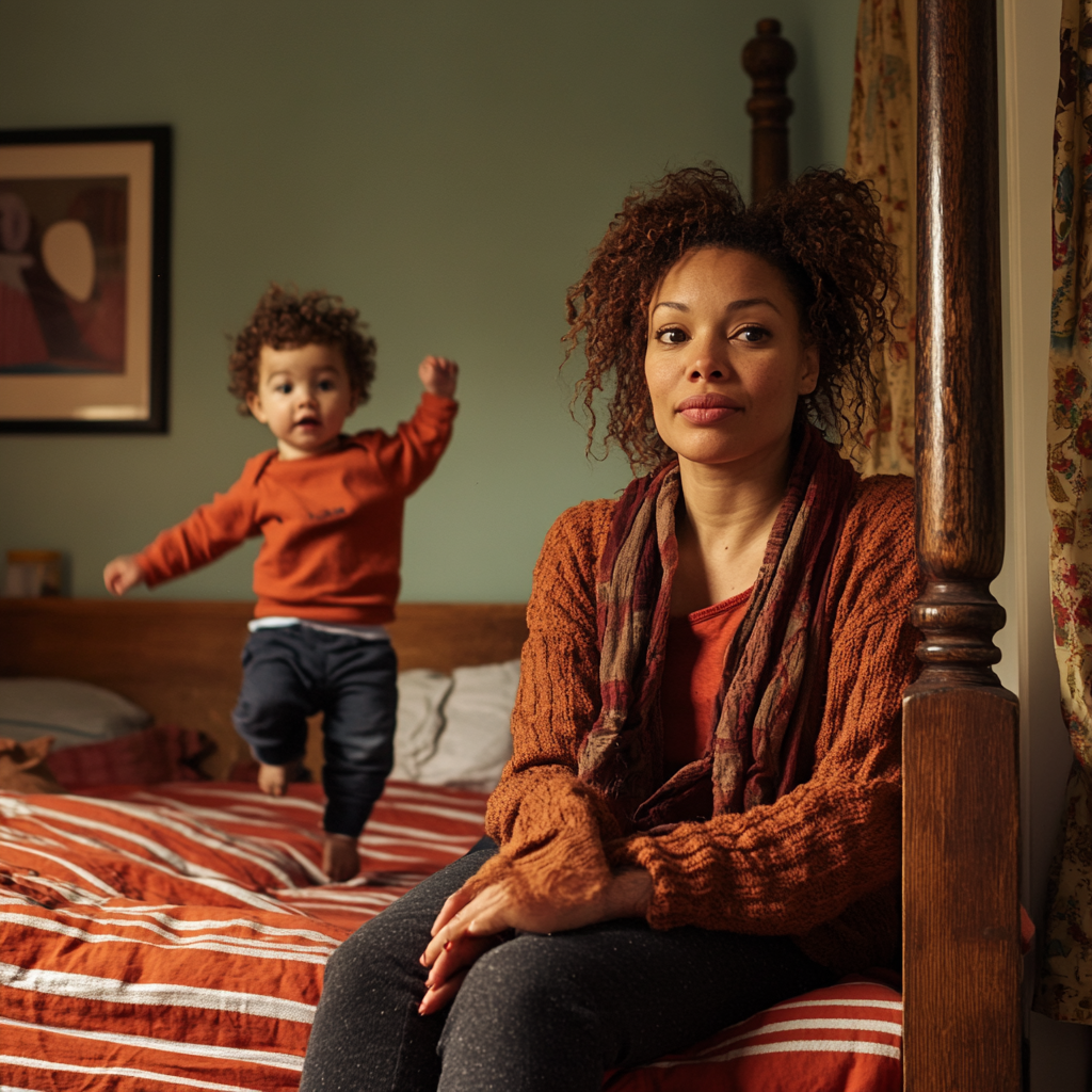 Smiling mother and toddler on bed