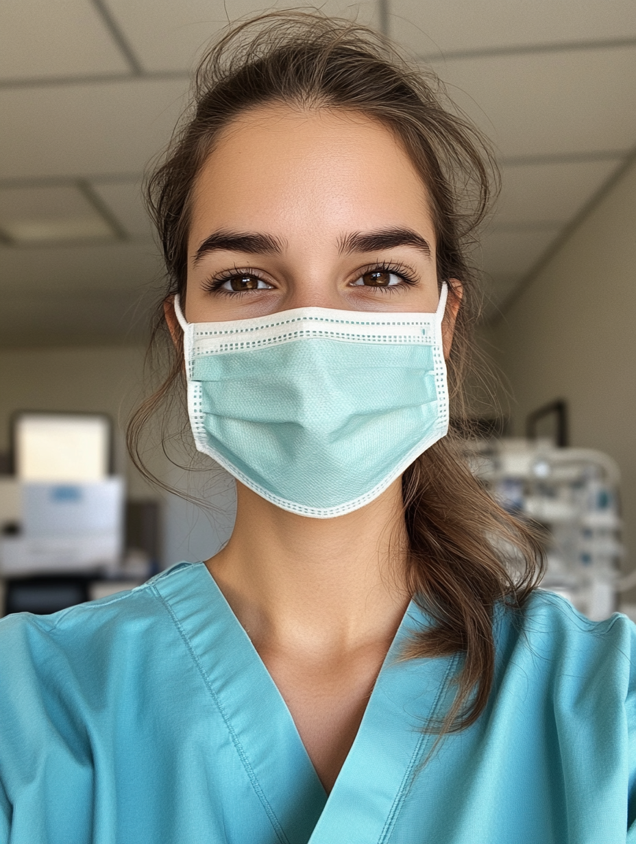 Smiling nurse in scrubs with surgical mask at hospital.