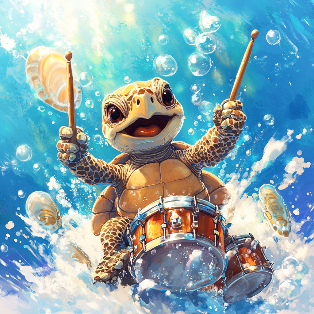 Smiling sea turtle plays shell drum in Fishdom art