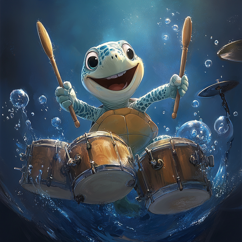 Smiling sea turtle plays shell drum set