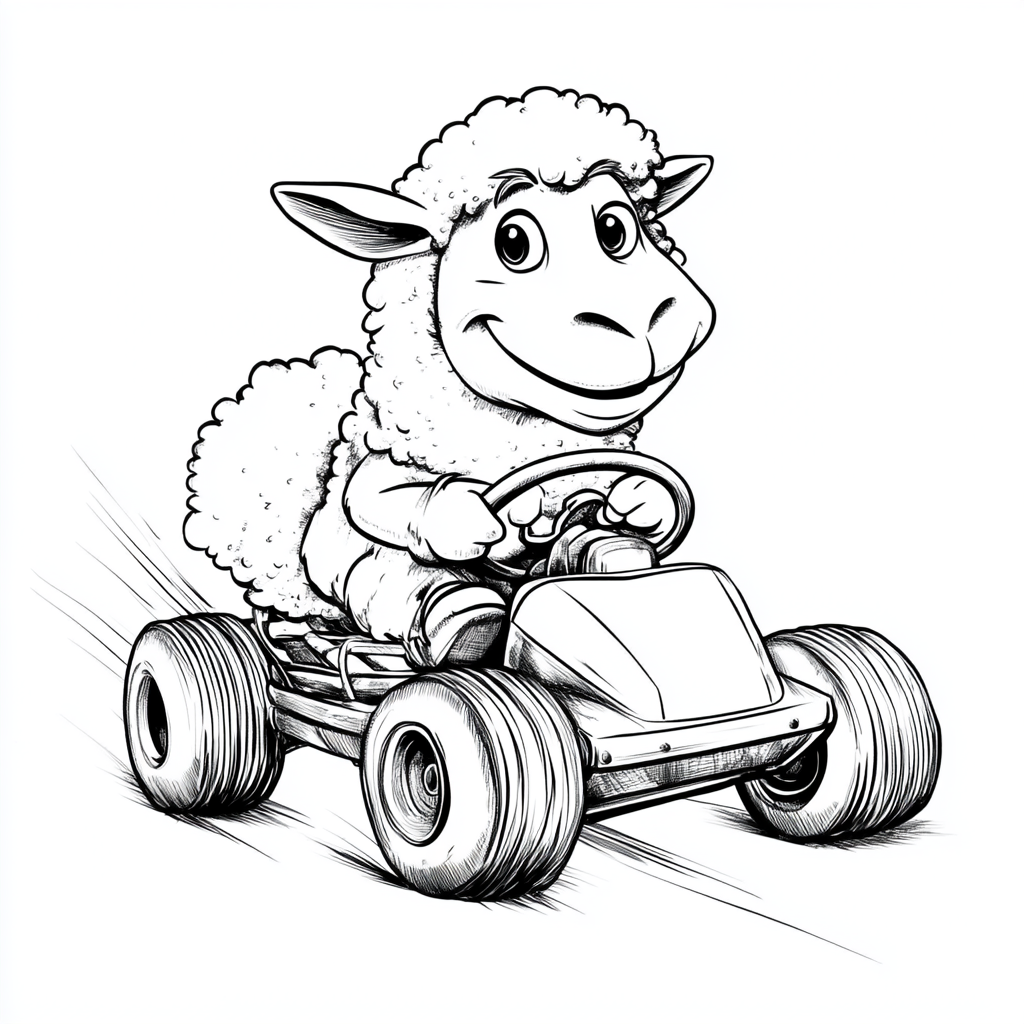 Smiling sheep in car, Yoshi nearby, black and white.