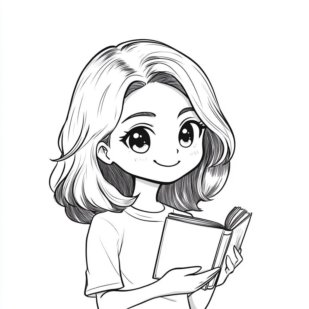 Smiling teacher with English book in chibi style