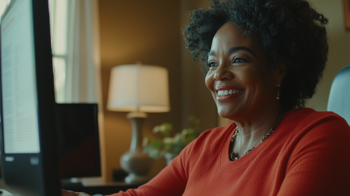 Smiling woman engaging in virtual meeting with soft lighting.