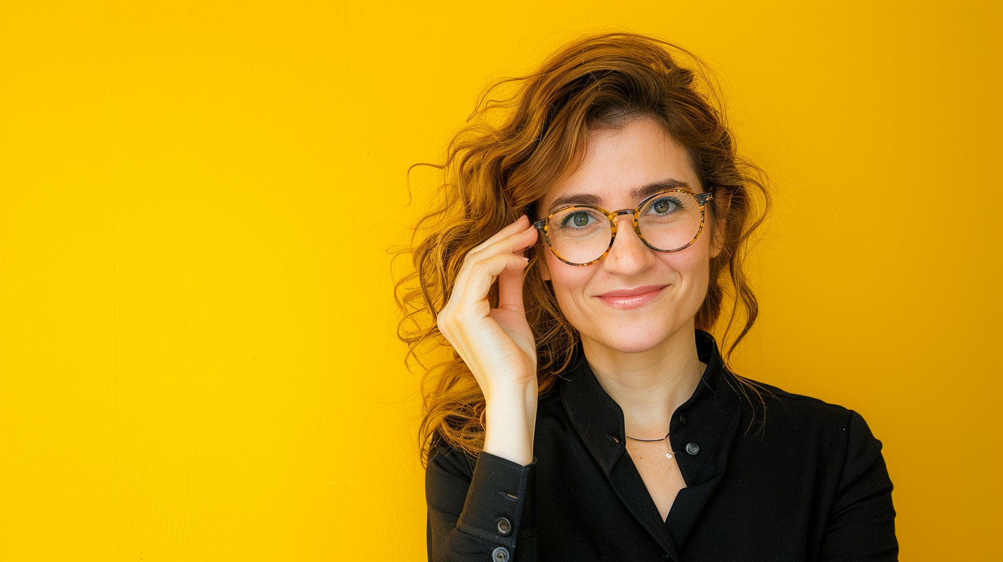 Smiling woman in black holds glasses on yellow background