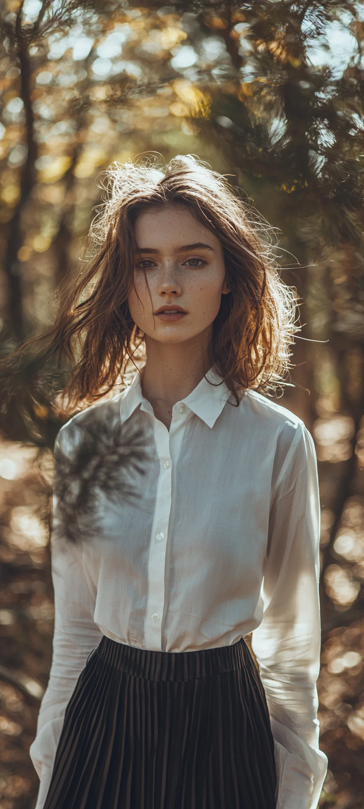 Smiling woman in forest, natural beauty, casual outfit.