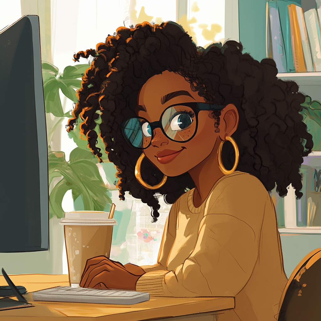 Smiling woman in glasses drinks coffee at computer.