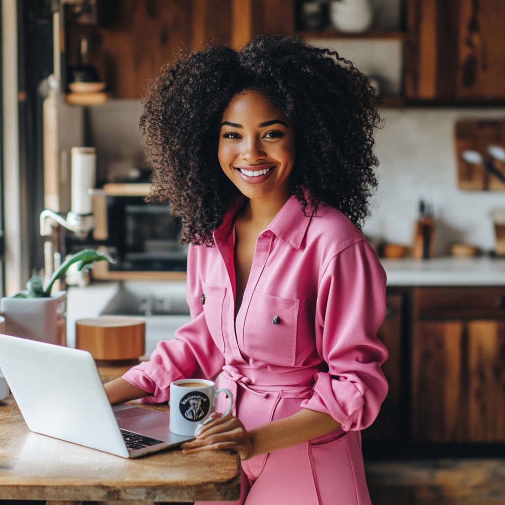 Smiling woman in pink outfit with laptop in kitchen.