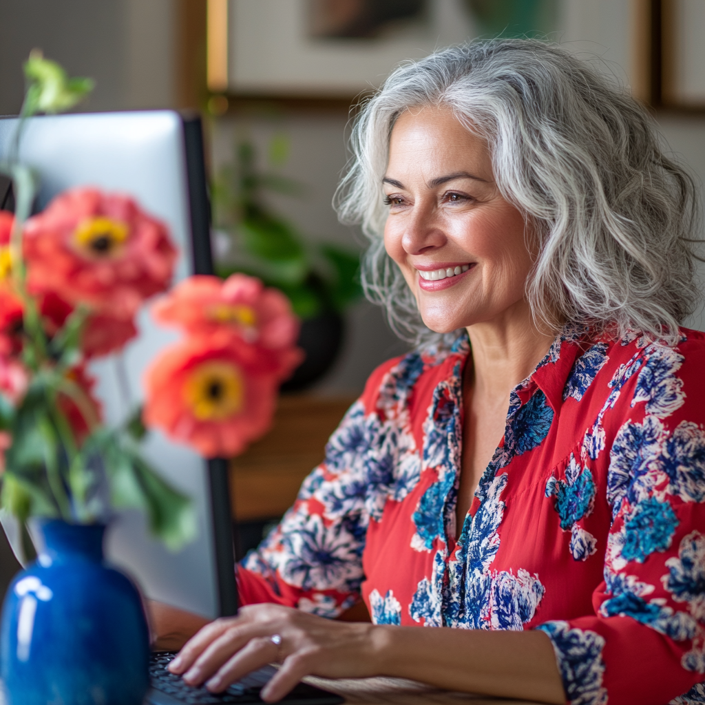 Smiling woman in red and blue engages virtually.