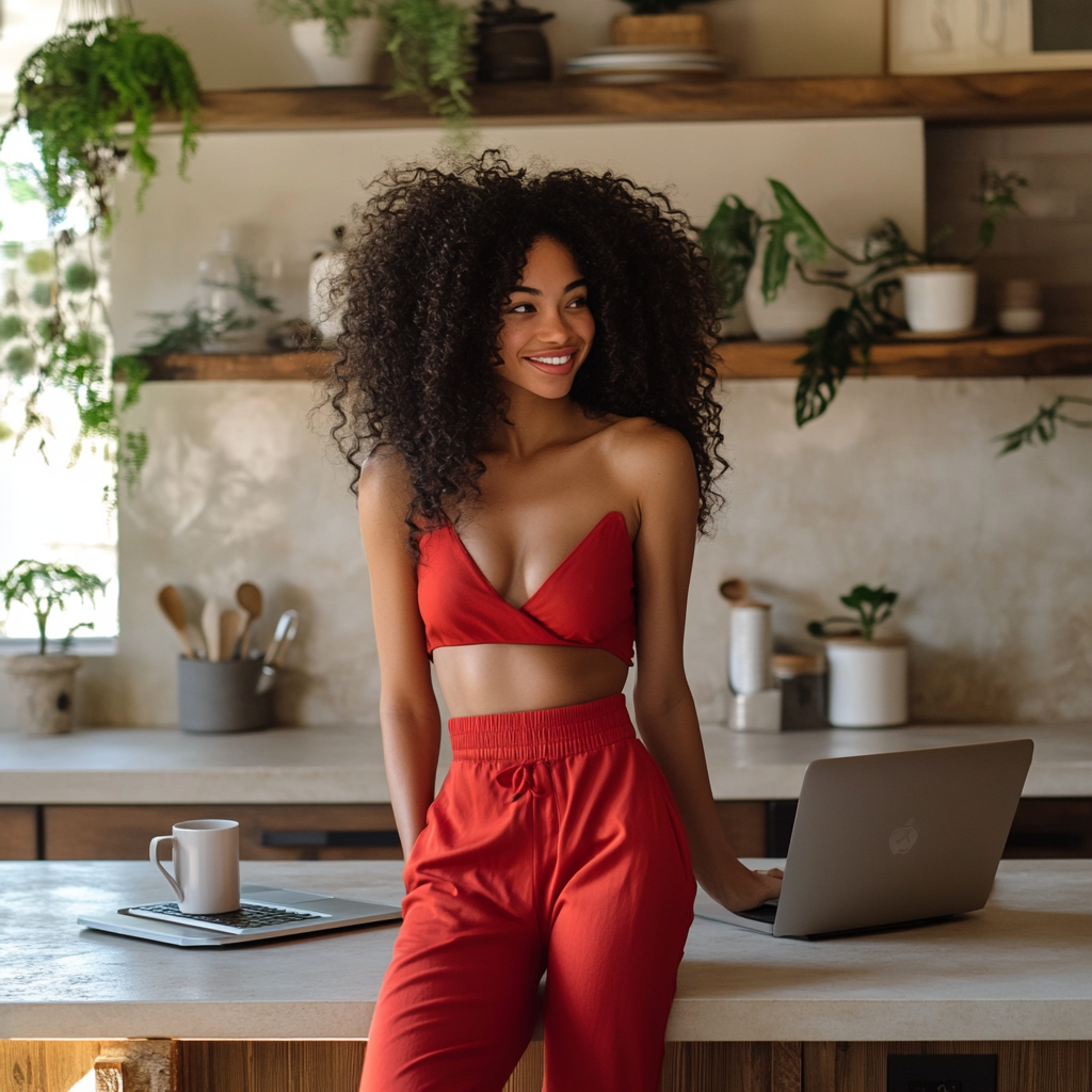 Smiling woman in red outfit works from home.