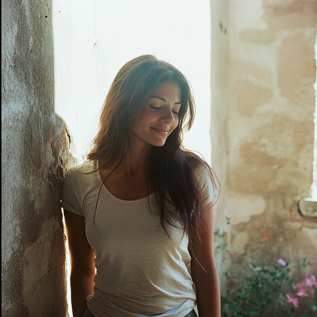 Smiling woman in simple clothing standing by wall, flowers.