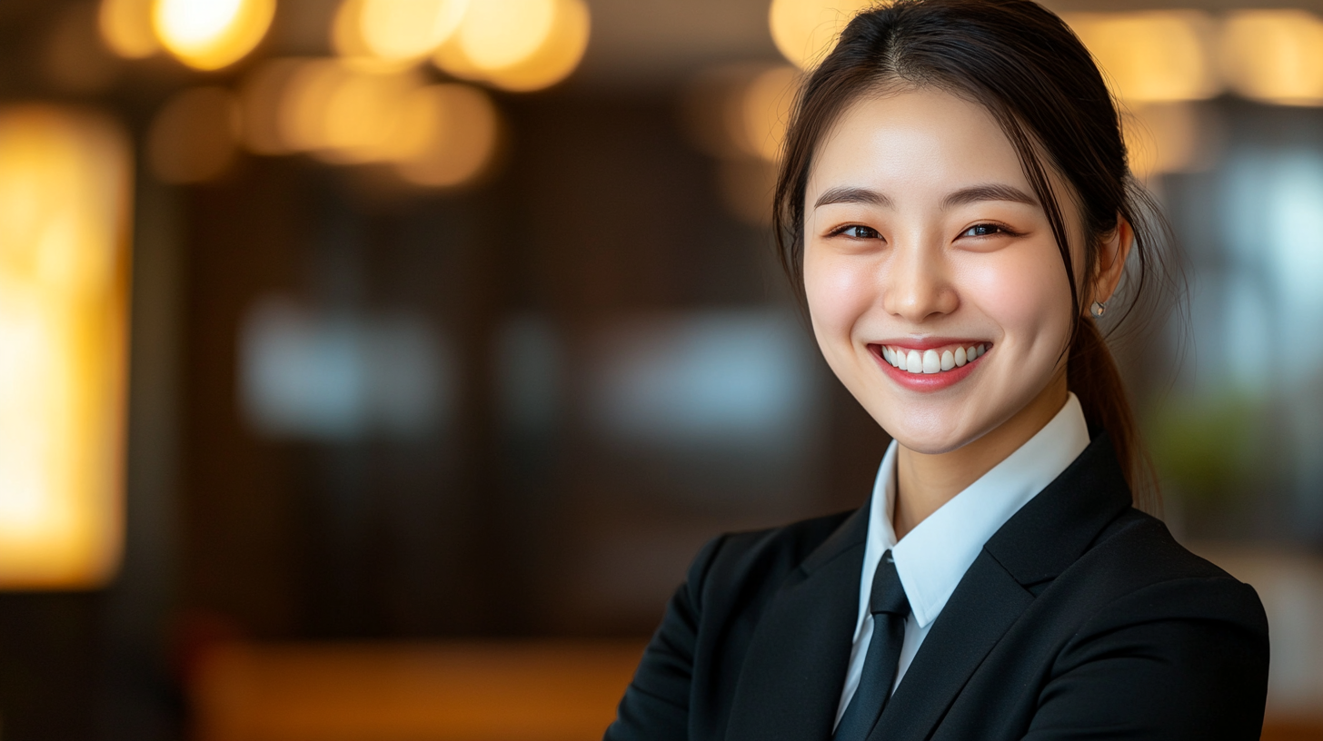 Smiling woman in suit with tie, professional lighting.