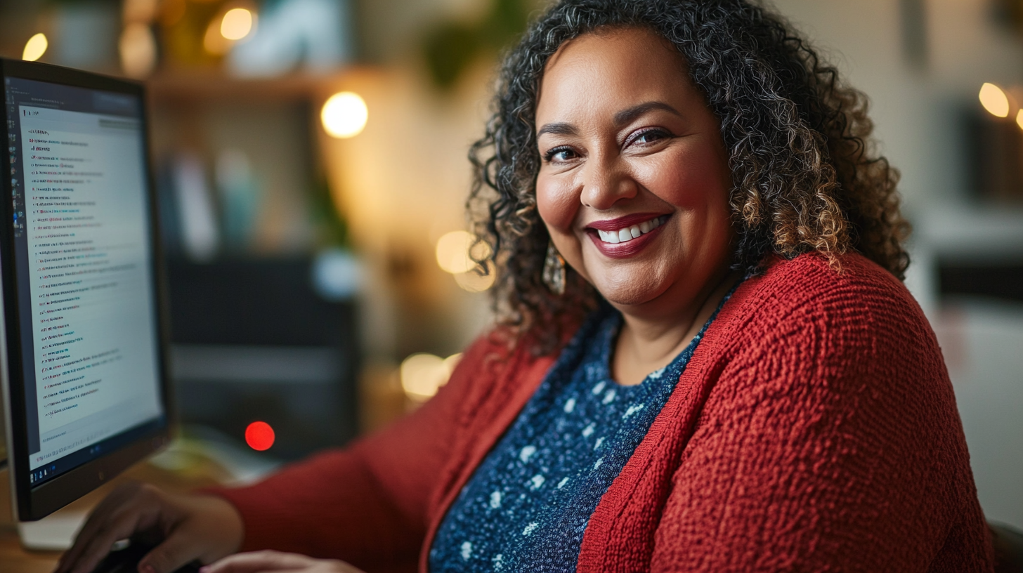 Smiling woman in virtual meeting with red/blue outfit.