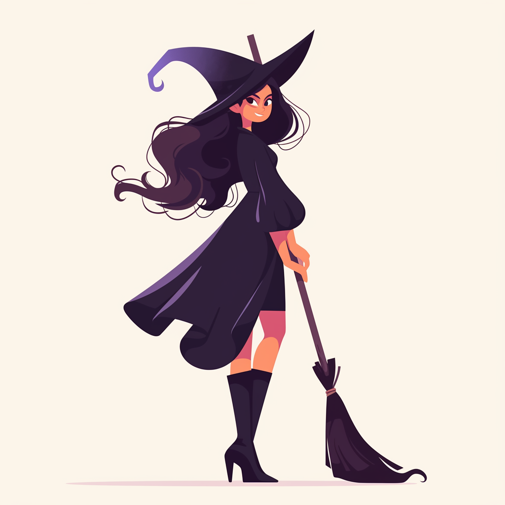 Smiling woman in witch costume, simple style illustration.