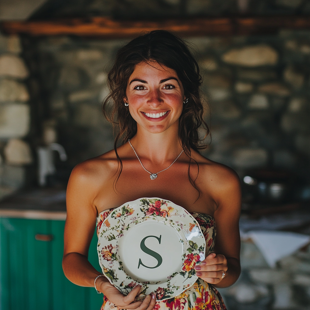 Smiling woman showing off cooking plate in kitchen scene.