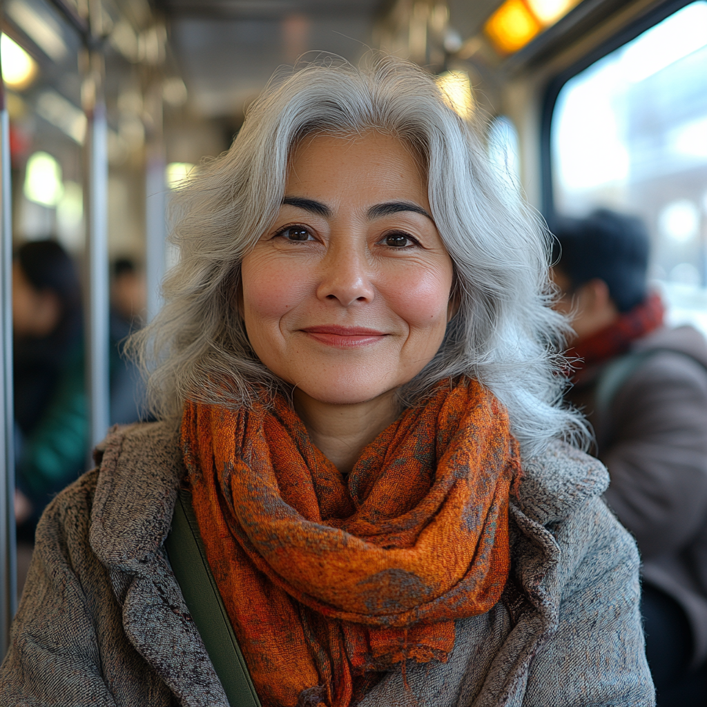 Smiling woman sitting on subway, Tatsuro Kiuchi style.