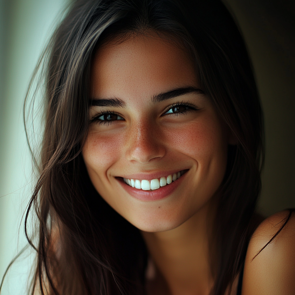 Smiling woman with Fuji camera, soft lighting, cool tone.