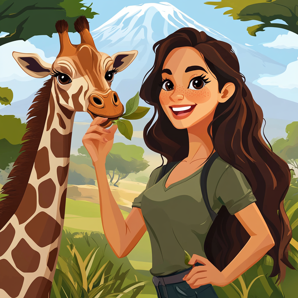 Smiling woman with brown hair feeds giraffe in Africa.