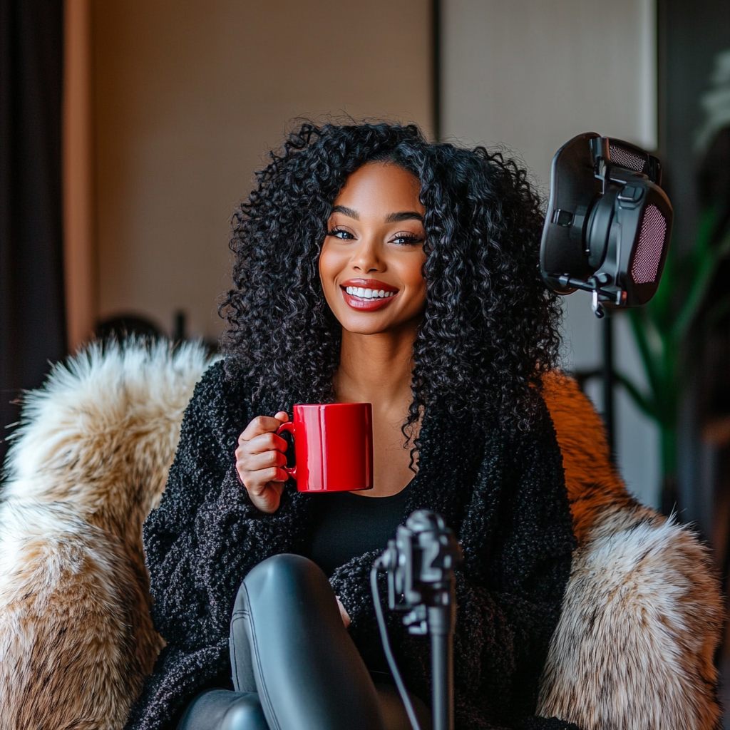 Smiling woman with curly hair recording YouTube video.