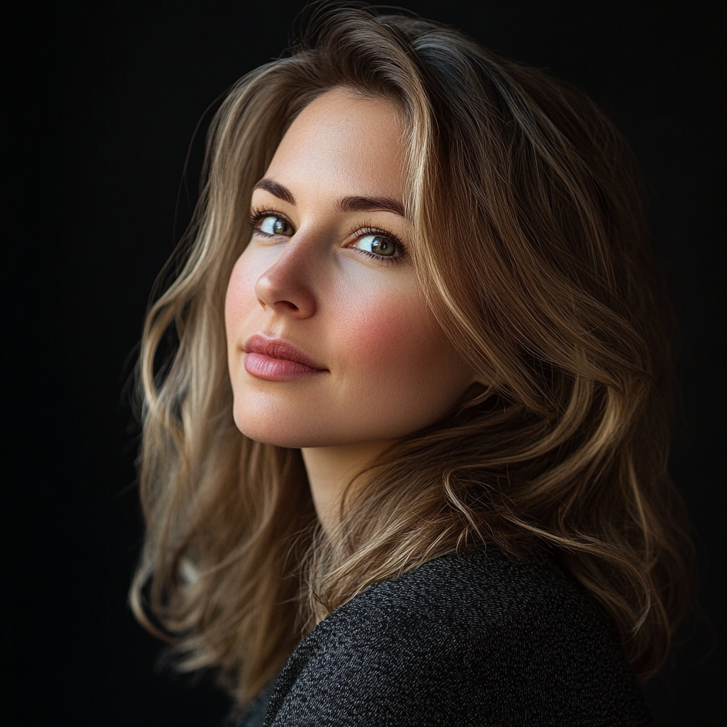 Smiling woman with elegant emotive face portrait.