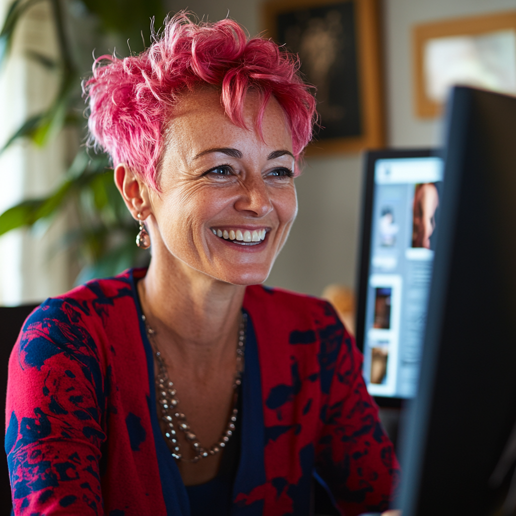 Smiling woman with pink hair engaging in virtual meeting.