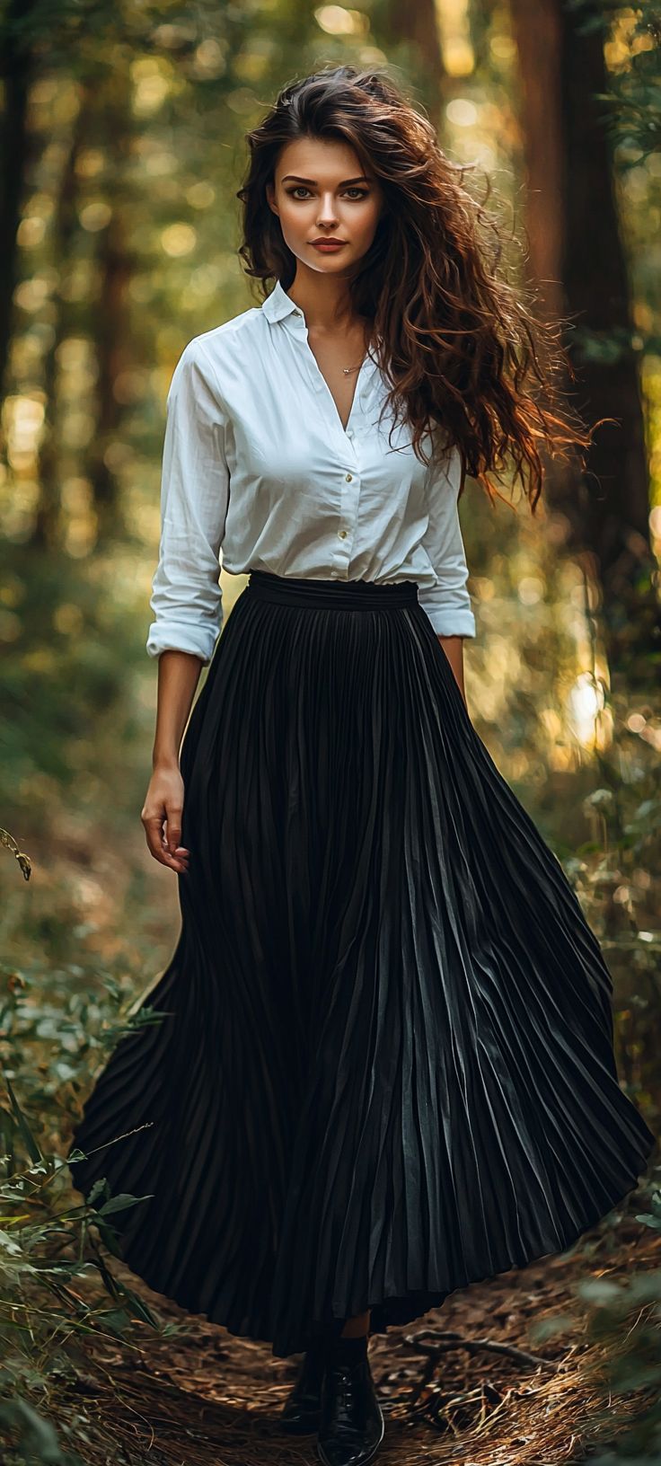 Smirking woman in forest wearing white shirt and skirt.