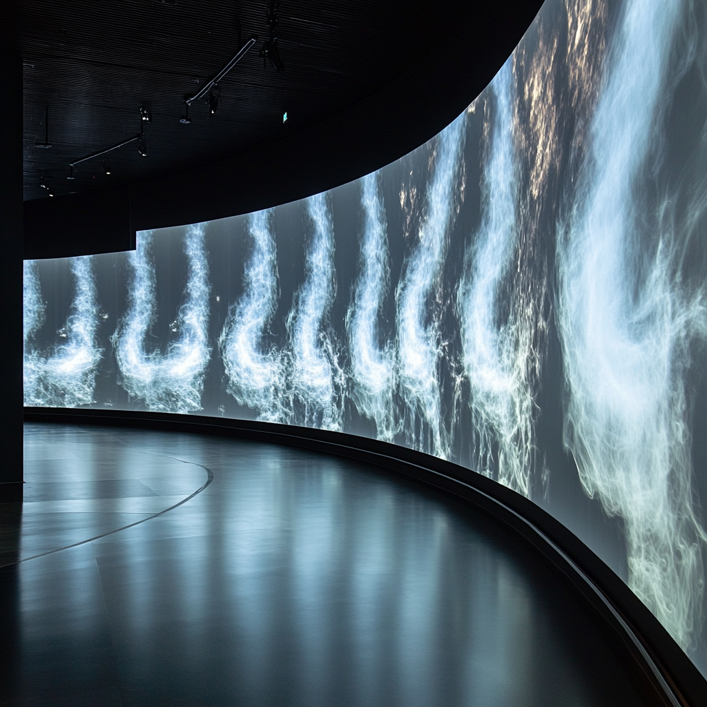 Smoke rings floating towards ceiling in front of video wall.