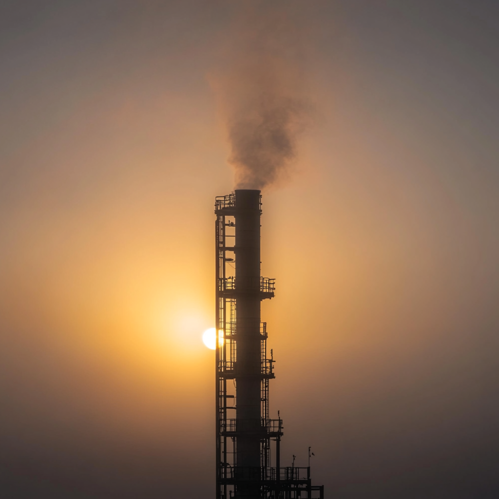 Smokestack and pipes towering under morning sky