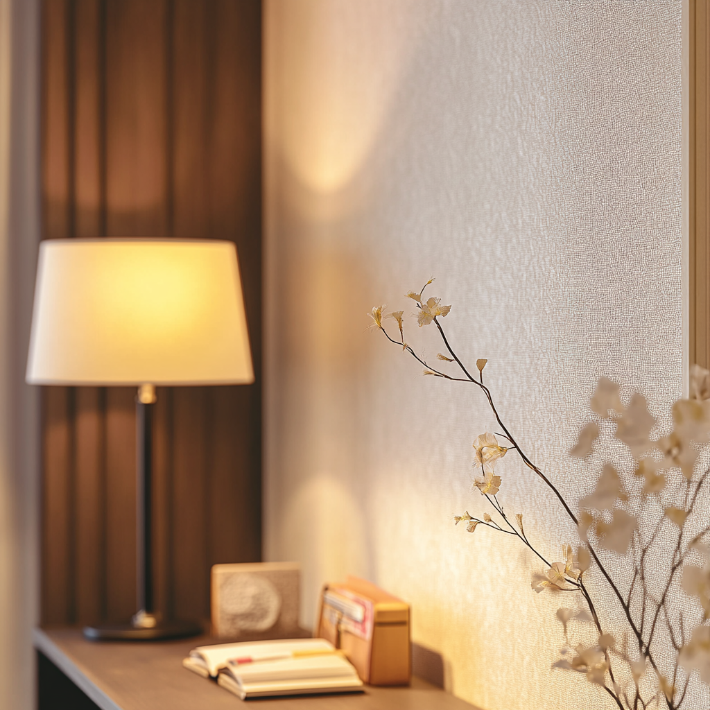 Smooth white wall showcases wallpaper, desk with soft lighting.