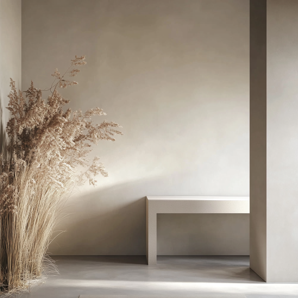 Smooth white wall with blurred console table. Clean, warm.