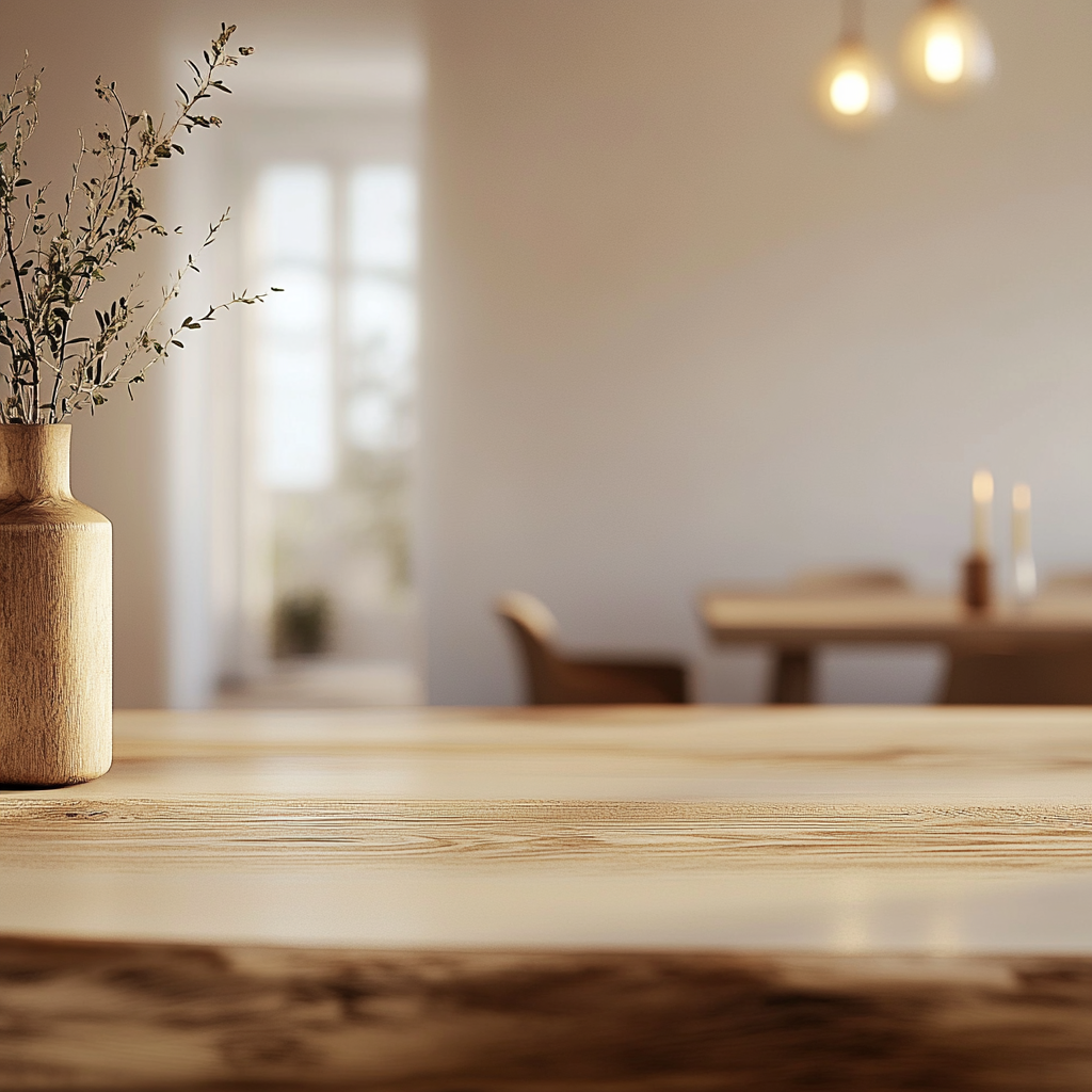 Smooth white wall with cozy wooden dining table.